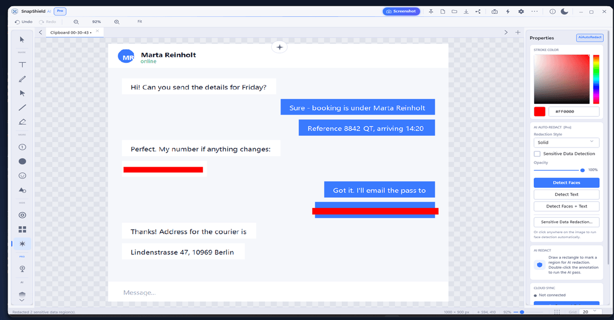 The SnapShield AI editor on Windows with a chat screenshot open. A phone number and an e-mail address are covered by solid red bars, and the AI Auto-Redact panel on the right offers Detect Faces, Detect Text and Sensitive Data Redaction.