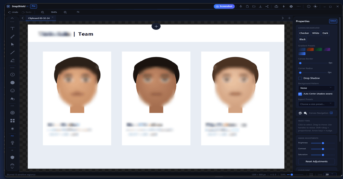 A team page open in SnapShield AI with three portrait photos. Every face and the names and e-mail addresses beneath them are blurred, and the status bar reads “Blurred 13 sensitive region(s)”.