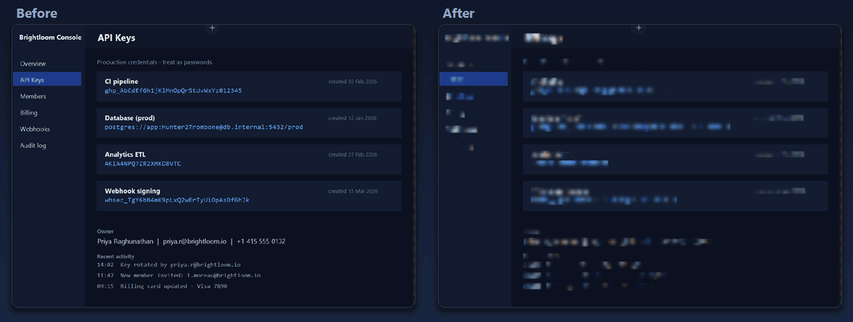 An API keys console before and after a full-page redaction. On the left the GitHub, Postgres and AWS credentials are legible; on the right every line of text the OCR found has been pixelated.