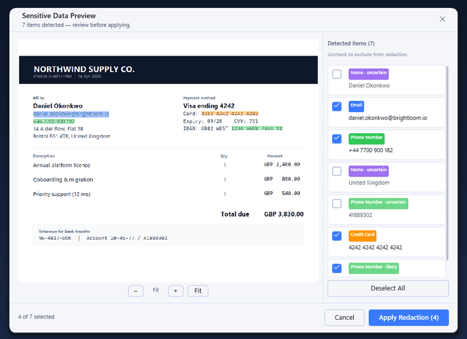 The Sensitive Data Preview dialog in SnapShield AI listing seven detections found on an invoice — e-mail, phone number and credit card — each with a confidence label. Four are ticked and the ones marked uncertain are left unchecked.